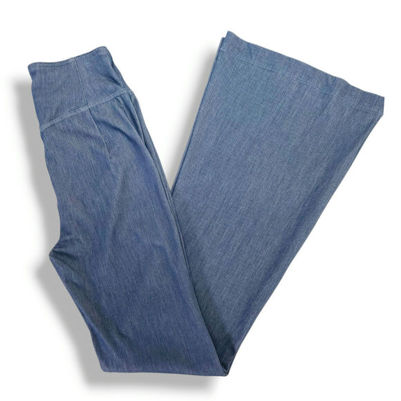 Halara Crossover High Rise Wide Leg Flare Pants Denim Look Stretch Indigo S NWT - Picture 2 of 7